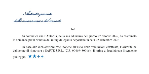 SAFTE rafforza il proprio Rating di Legalità: 2 Stelle e 2 Plus